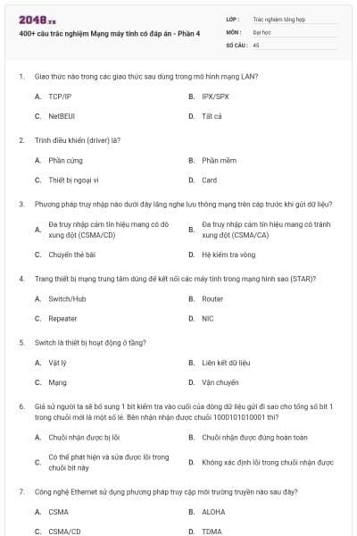 400+ câu trắc nghiệm Mạng máy tính có đáp án - Phần 4