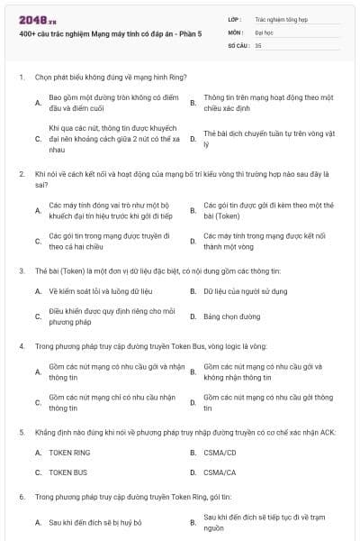400+ câu trắc nghiệm Mạng máy tính có đáp án - Phần 5