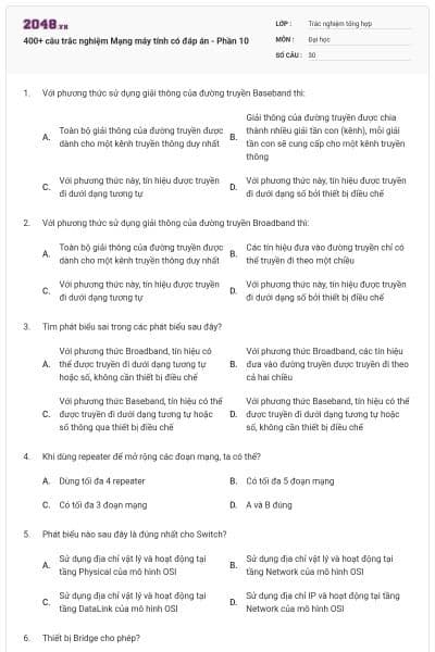 400+ câu trắc nghiệm Mạng máy tính có đáp án - Phần 10