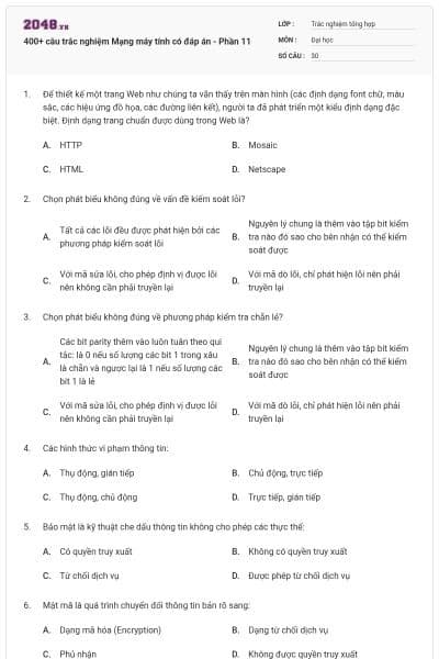 400+ câu trắc nghiệm Mạng máy tính có đáp án - Phần 11