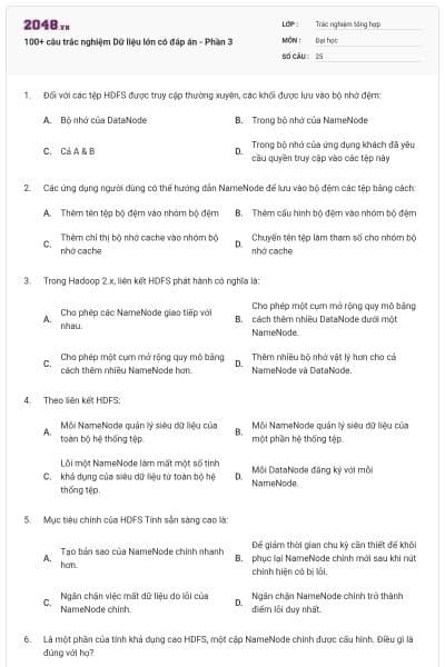 100+ câu trắc nghiệm Dữ liệu lớn có đáp án - Phần 3