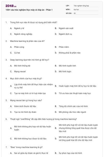 100+ câu trắc nghiệm Học máy có đáp án - Phần 1