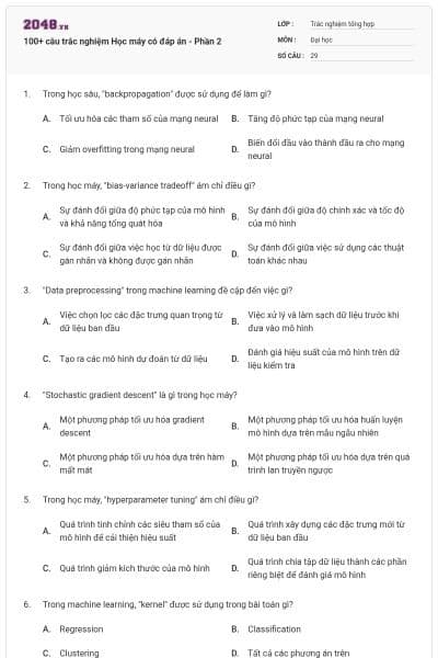 100+ câu trắc nghiệm Học máy có đáp án - Phần 2