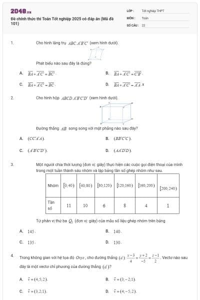 Đề chính thức thi Toán Tốt nghiệp 2025 có đáp án (Mã đề 101)