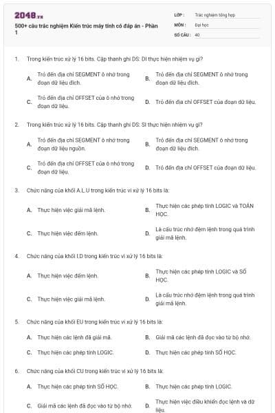 500+ câu trắc nghiệm Kiến trúc máy tính có đáp án - Phần 1