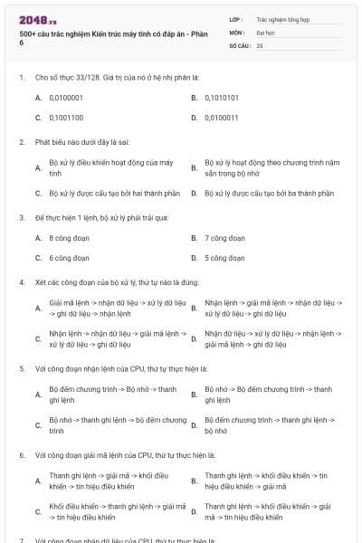 500+ câu trắc nghiệm Kiến trúc máy tính có đáp án - Phần 6