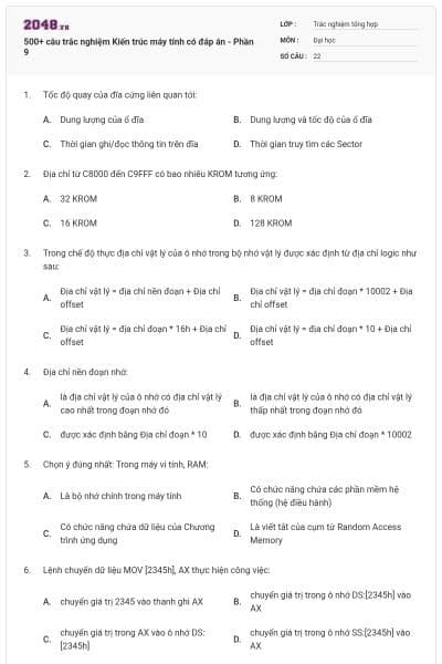 500+ câu trắc nghiệm Kiến trúc máy tính có đáp án - Phần 9