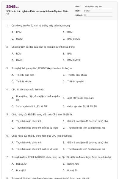 500+ câu trắc nghiệm Kiến trúc máy tính có đáp án - Phần 16