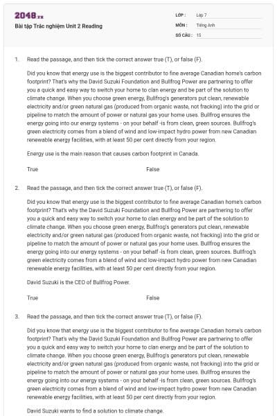 Bài tập Trắc nghiệm Unit 2 Reading