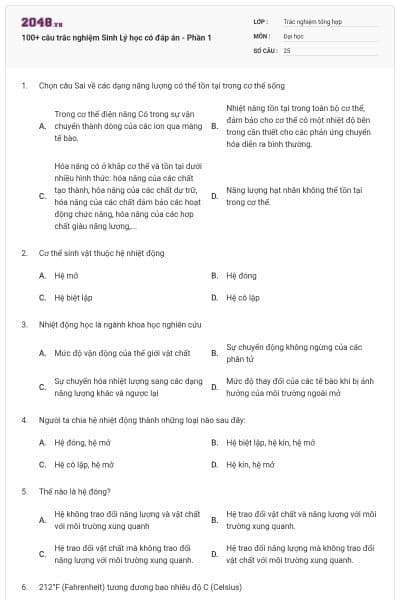 100+ câu trắc nghiệm Sinh Lý học có đáp án - Phần 1