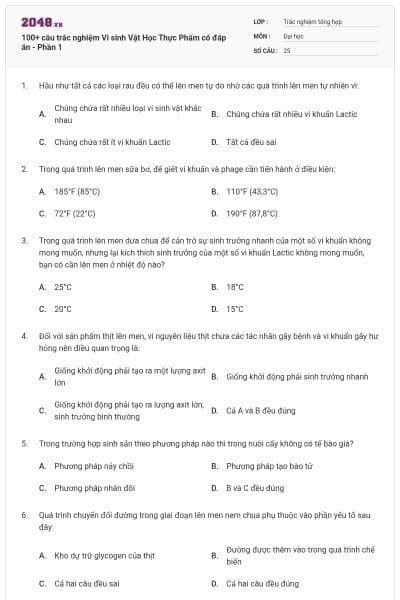 100+ câu trắc nghiệm Vi sinh Vật Học Thực Phẩm có đáp án - Phần 1