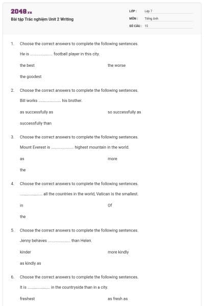 Bài tập Trắc nghiệm Unit 2 Writing