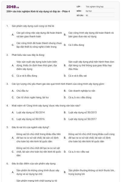 200+ câu trắc nghiệm Kinh tế xây dựng có đáp án - Phần 4