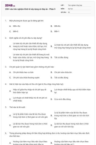 200+ câu trắc nghiệm Kinh tế xây dựng có đáp án - Phần 5