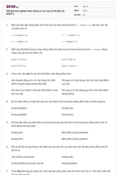505 Bài trắc nghiệm Dao động cơ cực hay có lời giải chi tiết(P1)