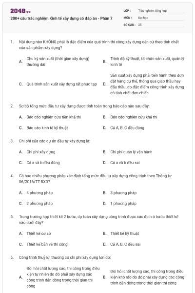 200+ câu trắc nghiệm Kinh tế xây dựng có đáp án - Phần 7