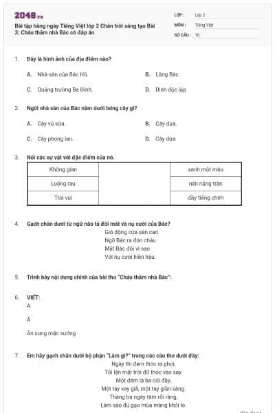 Bài tập hàng ngày Tiếng Việt lớp 2 Chân trời sáng tạo Bài 3: Cháu thăm nhà Bác có đáp án