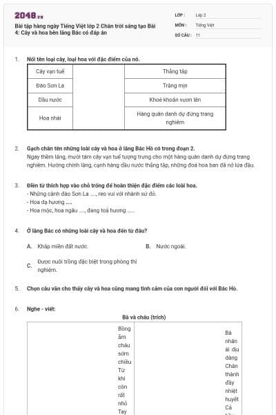 Bài tập hàng ngày Tiếng Việt lớp 2 Chân trời sáng tạo Bài 4: Cây và hoa bên lăng Bác có đáp án