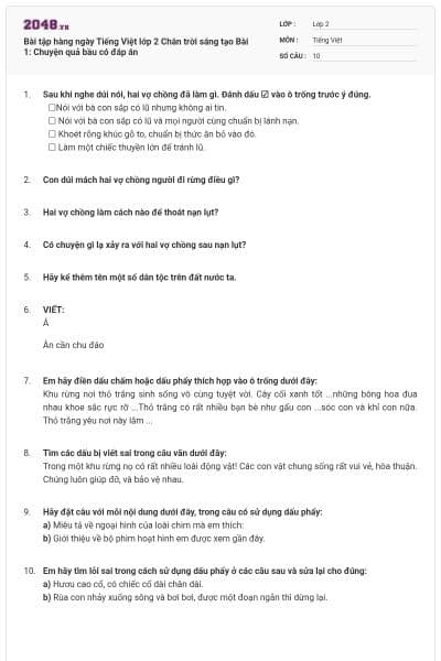 Bài tập hàng ngày Tiếng Việt lớp 2 Chân trời sáng tạo Bài 1: Chuyện quả bầu có đáp án