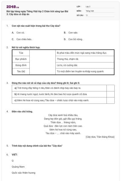 Bài tập hàng ngày Tiếng Việt lớp 2 Chân trời sáng tạo Bài 3: Cây dừa có đáp án