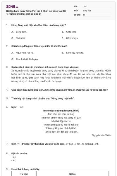 Bài tập hàng ngày Tiếng Việt lớp 2 Chân trời sáng tạo Bài 4: Hừng đông mặt biển có đáp án