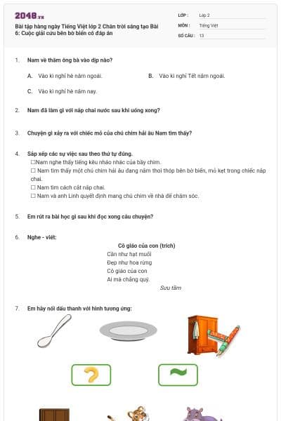 Bài tập hàng ngày Tiếng Việt lớp 2 Chân trời sáng tạo Bài 6: Cuộc giải cứu bên bờ biển có đáp án