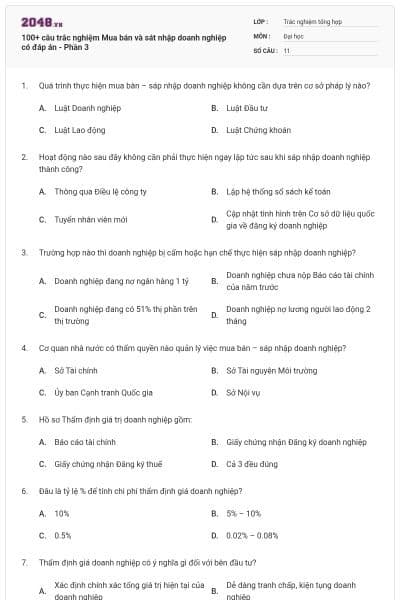 100+ câu trắc nghiệm Mua bán và sát nhập doanh nghiệp có đáp án - Phần 3
