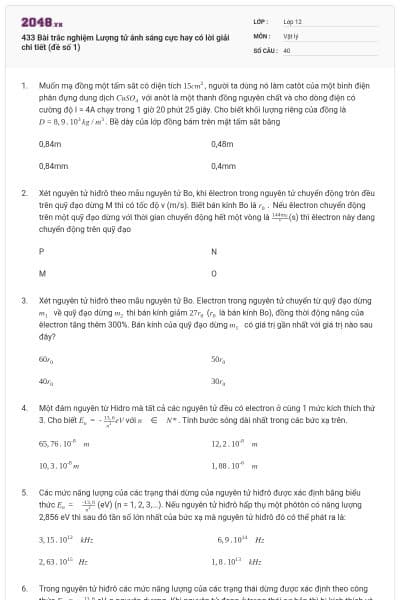433 Bài trắc nghiệm Lượng tử ánh sáng cực hay có lời giải chi tiết (đề số 1)