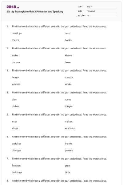 Bài tập Trắc nghiệm Unit 3 Phonetics and Speaking