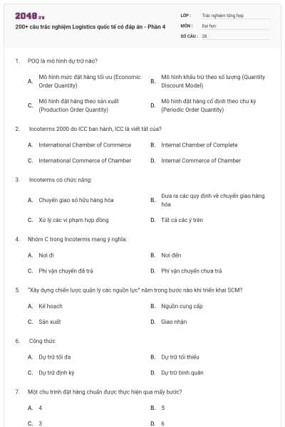 200+ câu trắc nghiệm Logistics quốc tế có đáp án - Phần 4