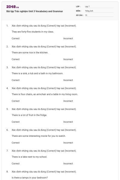 Bài tập Trắc nghiệm Unit 3 Vocabulary and Grammar