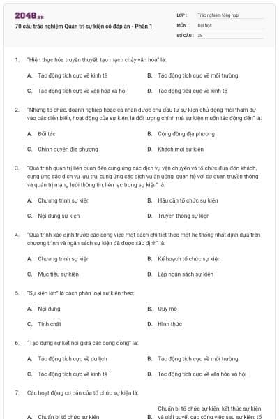 70 câu trắc nghiệm Quản trị sự kiện có đáp án - Phần 1