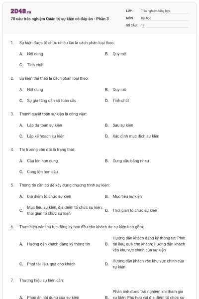 70 câu trắc nghiệm Quản trị sự kiện có đáp án - Phần 3