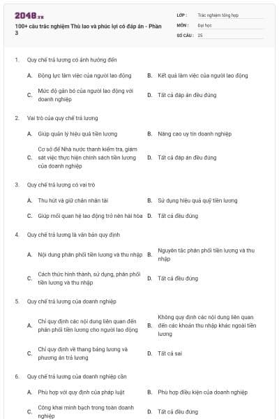 100+ câu trắc nghiệm Thù lao và phúc lợi có đáp án - Phần 3