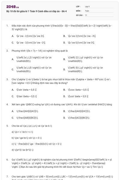 Bộ 10 đề thi giữa kì 1 Toán 9 Cánh diều có đáp án - Đề 4
