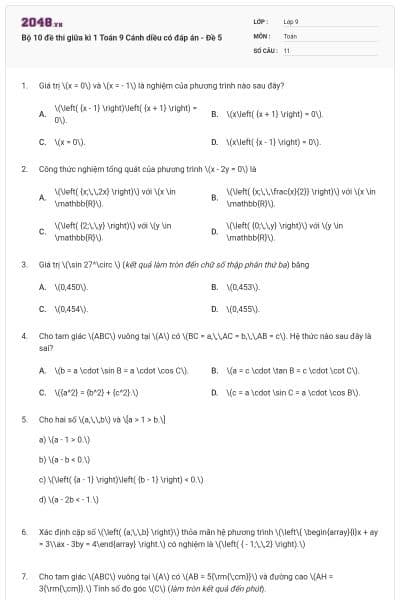 Bộ 10 đề thi giữa kì 1 Toán 9 Cánh diều có đáp án - Đề 5