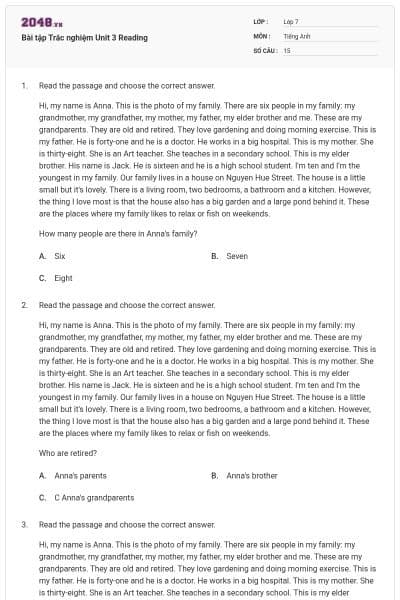 Bài tập Trắc nghiệm Unit 3 Reading