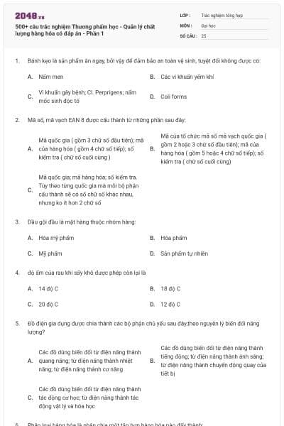 500+ câu trắc nghiệm Thương phẩm học - Quản lý chất lượng hàng hóa có đáp án - Phần 1