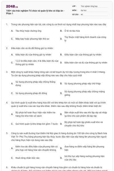 100+ câu trắc nghiệm Tổ chức và quản lý kho có đáp án - Phần 1