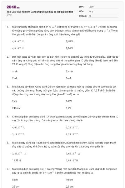 181 Câu trắc nghiệm Cảm ứng từ cực hay có lời giải chi tiết (P4)