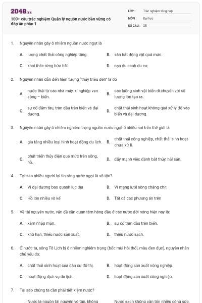 100+ câu trắc nghiệm Quản lý nguồn nước bền vững có đáp án phần 1