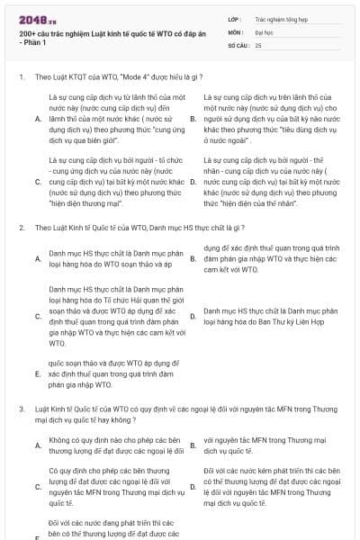 200+ câu trắc nghiệm Luật kinh tế quốc tế WTO có đáp án - Phần 1