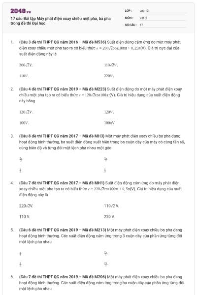 17 câu Bài tập Máy phát điện xoay chiều một pha, ba pha trong đề thi Đại học