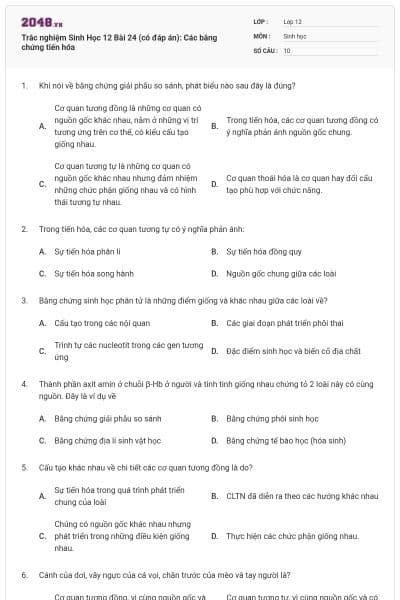 Trắc nghiệm Sinh Học 12 Bài 24 (có đáp án): Các bằng chứng tiến hóa