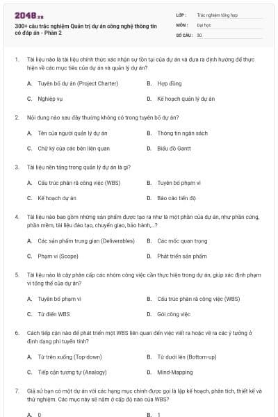 300+ câu trắc nghiệm Quản trị dự án công nghệ thông tin có đáp án - Phần 2