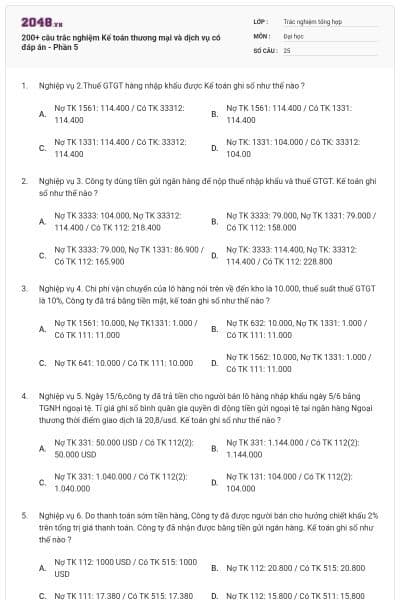 200+ câu trắc nghiệm Kế toán thương mại và dịch vụ có đáp án - Phần 5