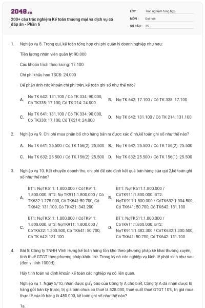 200+ câu trắc nghiệm Kế toán thương mại và dịch vụ có đáp án - Phần 6
