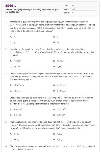433 Bài trắc nghiệm Lượng tử ánh sáng cực hay có lời giải chi tiết (đề số 3)