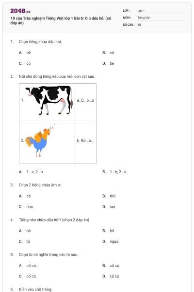 10 câu Trắc nghiệm Tiếng Việt lớp 1 Bài 6: O o dấu hỏi (có đáp án)
