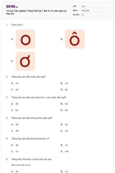 10 câu Trắc nghiệm Tiếng Việt lớp 1 Bài 9: Ơ ơ dấu ngã (có đáp án)